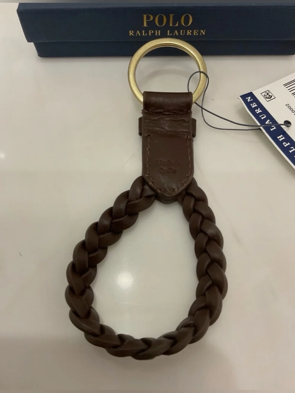 NEW Polo Ralph Lauren BRAIDED LEATHER Key Ring Keychain - BROWN